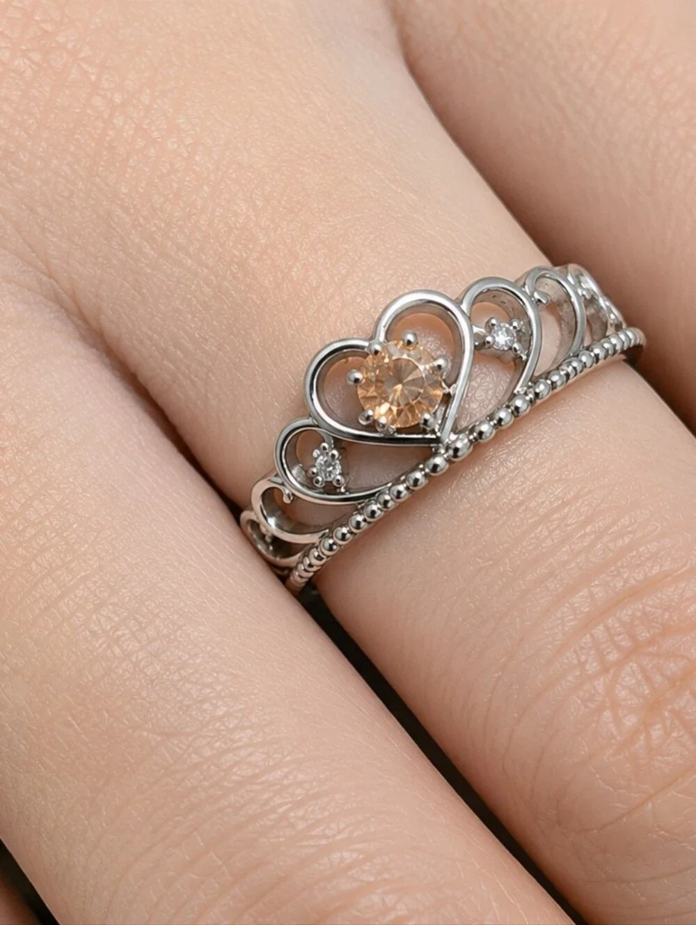 Silver Heart Tiara Ring with Champagne Stone, Adjustable